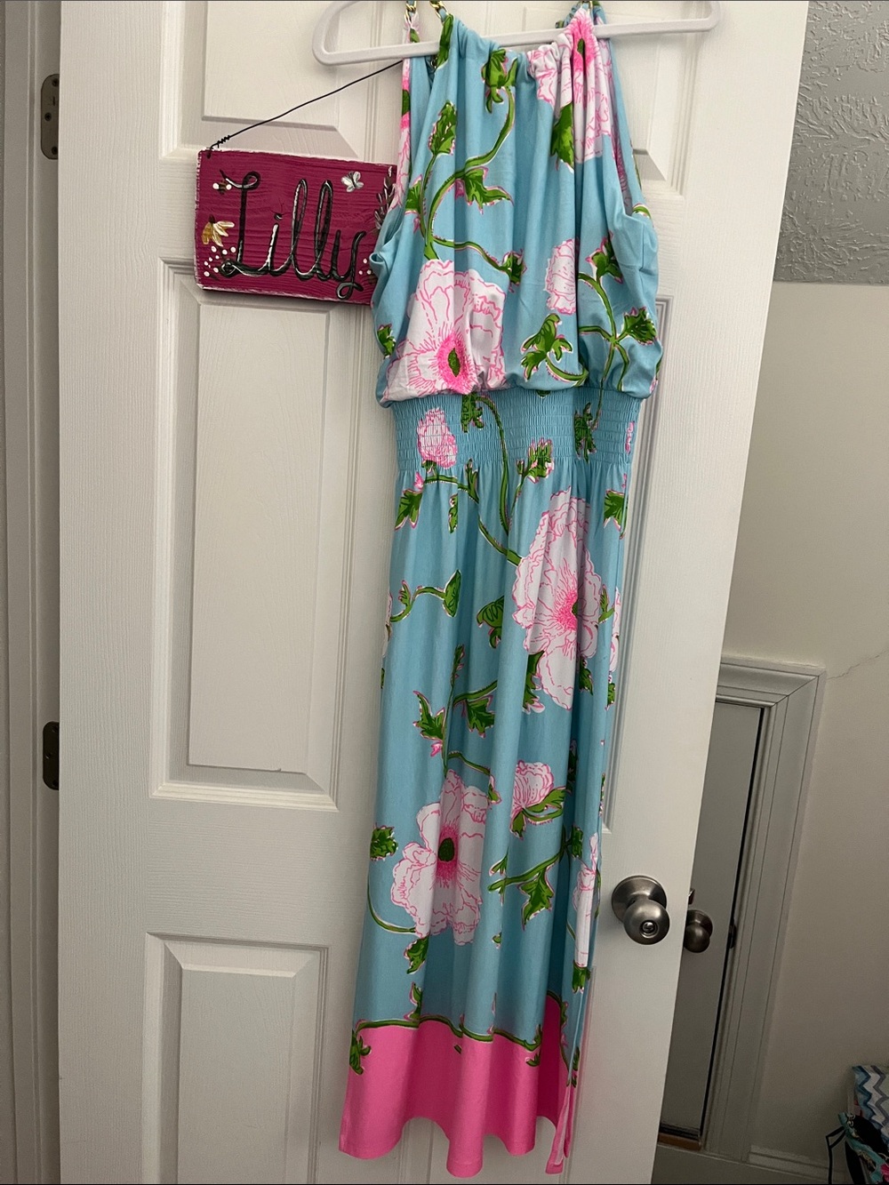 Lilly Pulitzer Light Blue Maxi Dress with Pink Floral Border